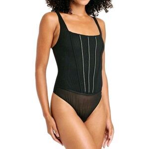 AUDEN Intimates Sheer Mesh Rhinestone Studded Thong Lingerie Bodysuit Black NWT